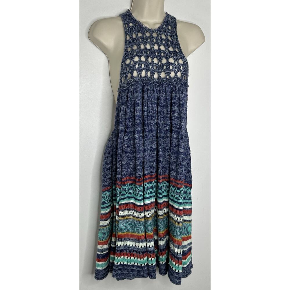 Free People Women’s Sweater Knit Rare Hearts Striped Blue Swing Tank Top Sz L - Picture 3 of 8